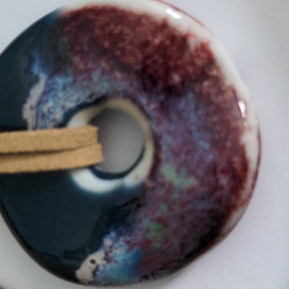 New Long Pendant Necklace, Handmade Pottery Donut,  38"+2" Two Suede Cords, Boho - Picture 2 of 9